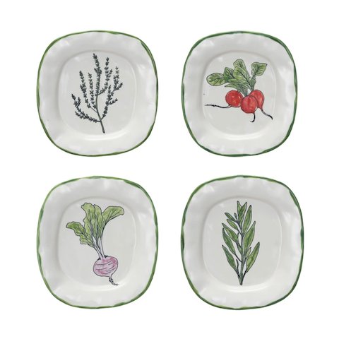 Hand-Painted Stoneware Plate w/ Vegetable/Herb & Green Rim, set of 4 Patterns
