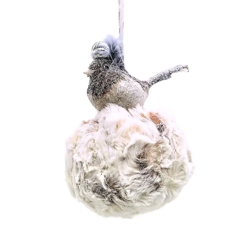 Bird with Orb on Pouf Ornament - Spotted Fur