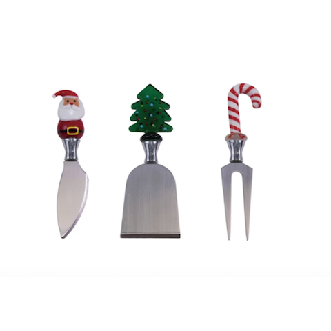 Cheese Knives w/ Glass Holiday Handle, Boxed Set of 3