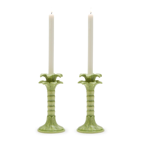 Green Palm Leaf Taper Candleholder - Set/2