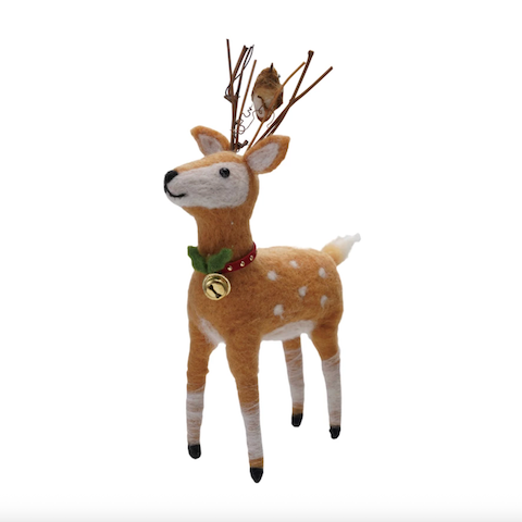 Handmade Fabric & Wool Felt Deer w/Bird and Jingle Bell Collar