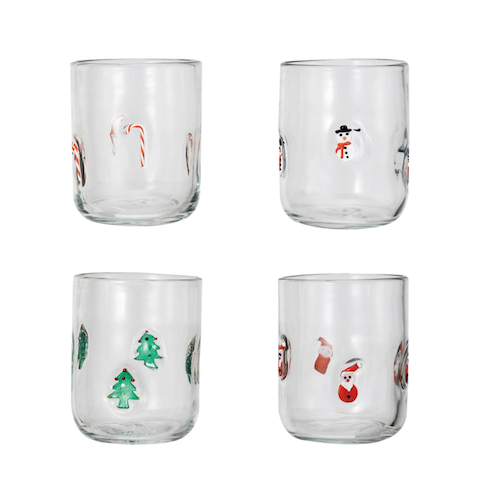 16 oz. Drinking Glass w/ Embedded Holiday Icon Pattern - set of 4 styles