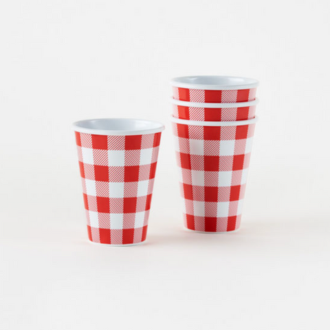 Red Gingham Melamine Cups - Set/4