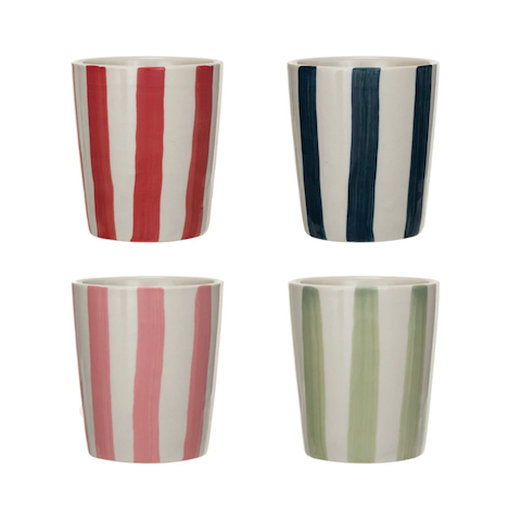 Hand-Painted Stoneware Cup w/ Stripes - Set of 4