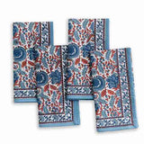 Bohemian Floral Blues and Paprika Napkins - Set of 4