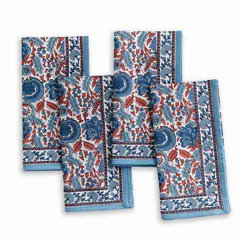 Bohemian Floral Blues and Paprika Napkins - Set of 4