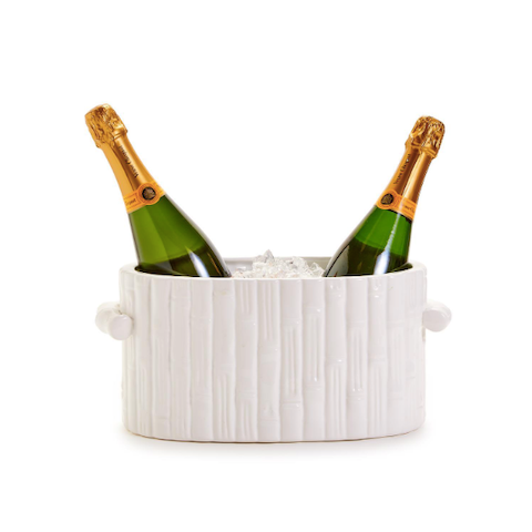 Two's Company Faux Bamboo Cachepot with two champagne bottles in it