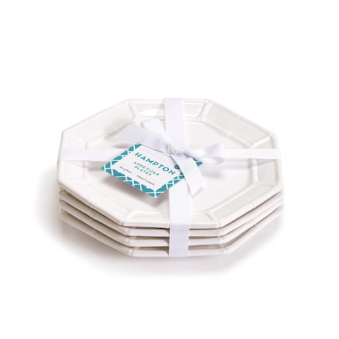 Two's Company Hampton White faux bamboo appetizer plates - set of 4 tied with ribbon