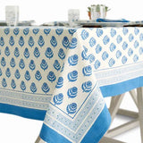 Pomegranate blue and white Pinot tablecloth on a table