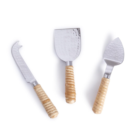 Hammered Cheese Knives with Rattan Handles