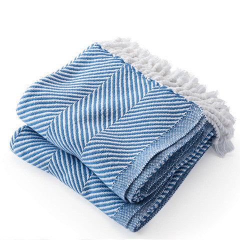 Royal Blue and White Cotton Herringbone Throw with Fringe