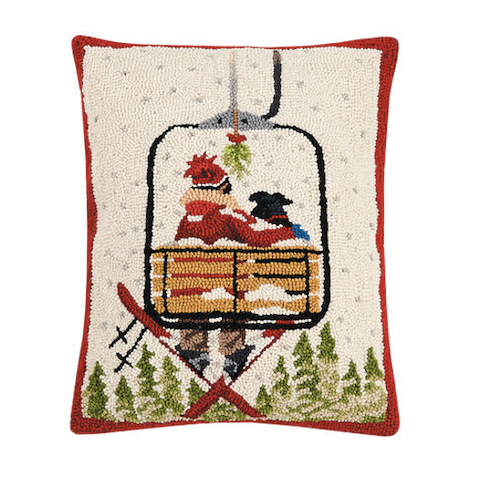 Peking Handicraft pillow with skier and dog on chair lift